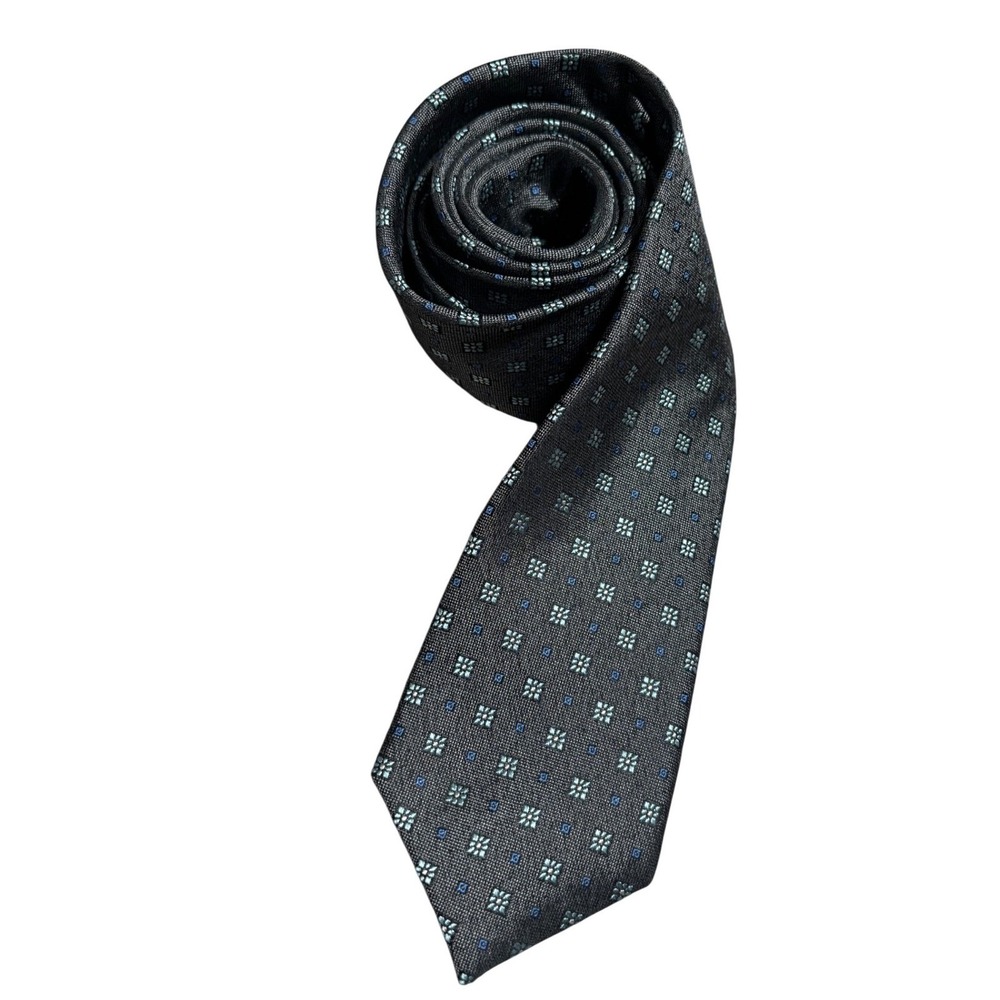 Broletto Mens 100% Silk Necktie Charcoal Blue Geometric Medallion Pattern Tie